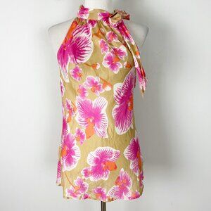 Y2K Cache Silk Floral Halter Top Pink Tropical Hawaiian Size Medium Women's